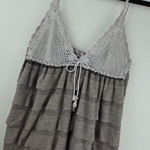 CROCHET TOP Y2K BOHO HIPPIE RUFFLED EMPIRE WAIST STRETCH DRESS Womens M Neutral